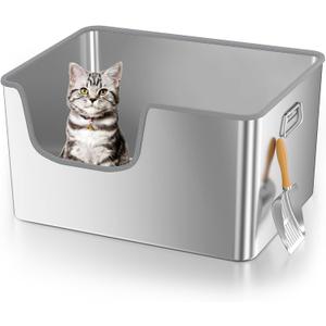 40L XXL Stainless Steel Litter Box with High Sides,No Sharp Edges for Big Cats Maine Coon,One-Piece Deep Stainless Steel Litter Boxes with Tall Sides,Anti-Leakage,Non-Sticky,Easy Clean(Front Entry)