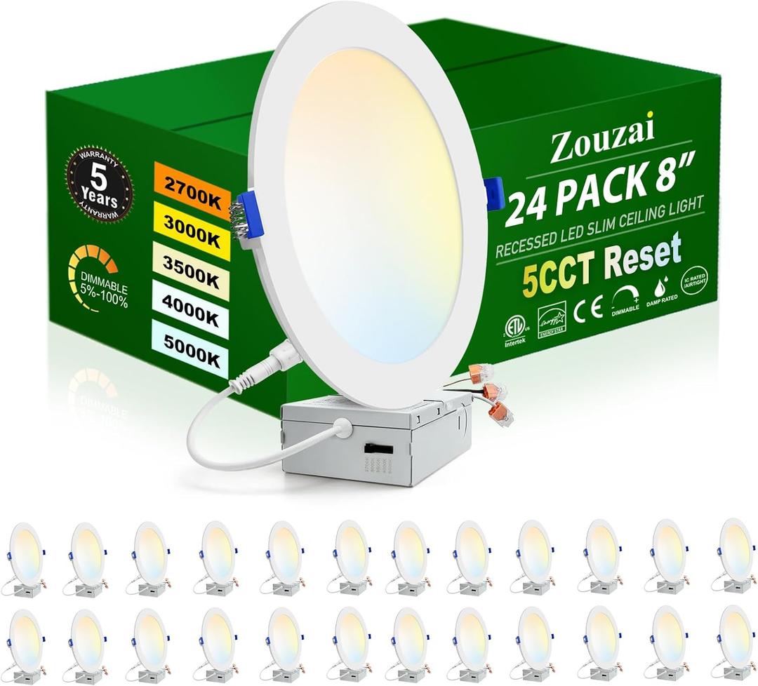 zouzai 24 Pack 8 inch 18W Eqv 150W 1620LM 5CCT Reset Ultra-Thin LED Recessed Ceiling Light with Junction Box, 2700K-5000K Selectable, Dimmable, Commercial and Home use - ETL and Energy Star Certified