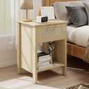 Rattan Nightstand, Farmhouse Side Table with Drawer and Storage Shelf, Boho Bedside Night Stand with Golden Handle, Wooden End Table for Bedroom, Dorm and Small Spaces, Natural 15"D x 19.7"W x 25.2"H