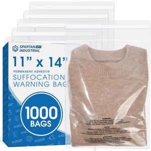 Spartan Industrial - 11" X 14" (1000 Count) Self Seal Clear Poly Bags with Suffocation Warning for Packaging, T Shirts - Permanent Adhesive (11" X 14" (1000 Pack))