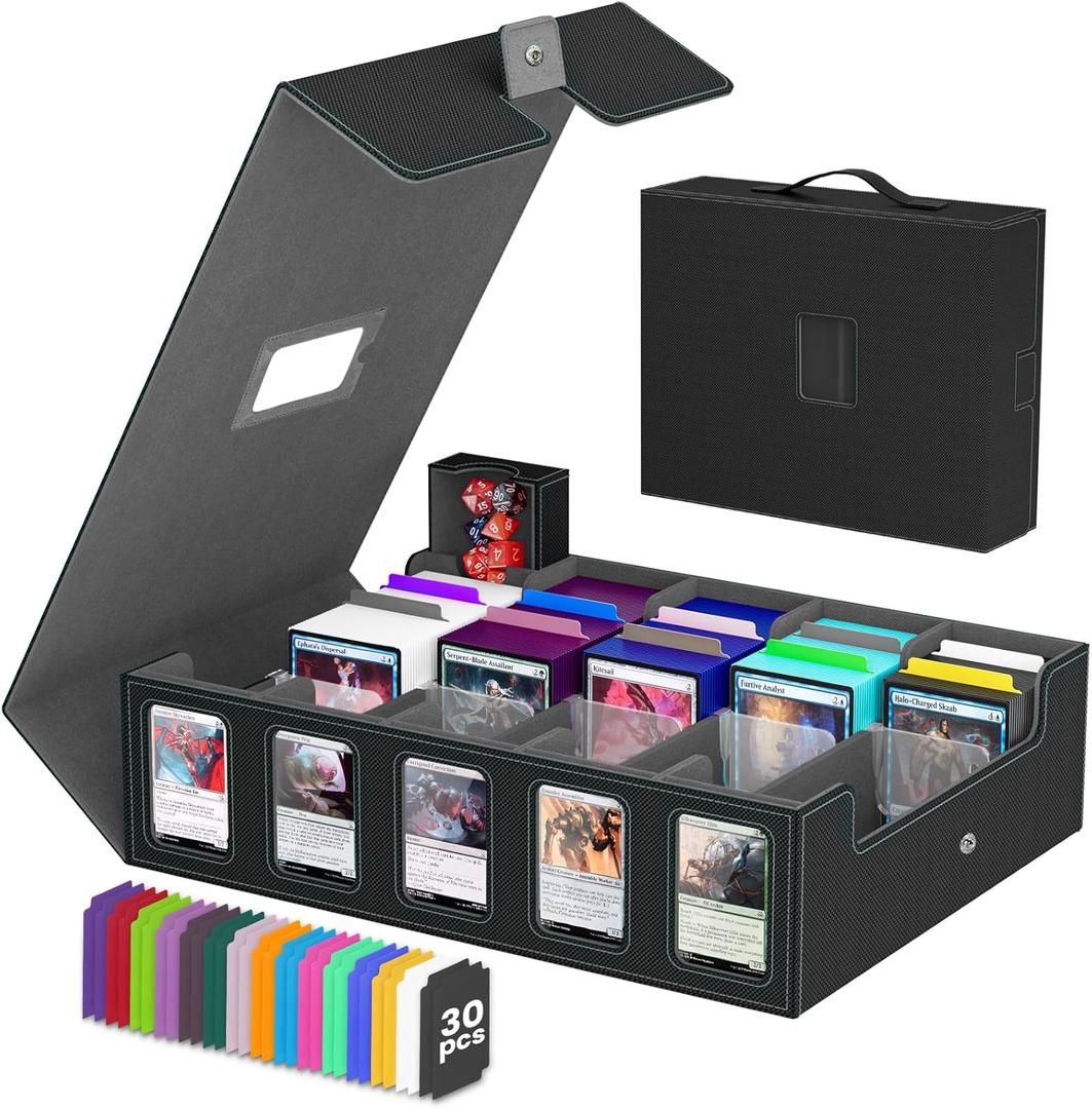 Trading Card Storage Box Gomyrod, 5-Row Card Case with Commander Display & Portable Handle, 4200+ MTG Deck Box Compatible for MTG/TCG/Magic Cards, 30 Colorful Divider, 8 Card Supporters (Black & Grey)