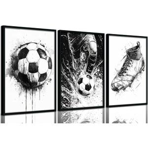 Framed Soccer Wall Art Black and White Soccer Wall Decor Football Sports Poster Print Artwork Modern Sports Theme Painting Picture for Stadium Boys Room Living Room Bedroom Home Decoration