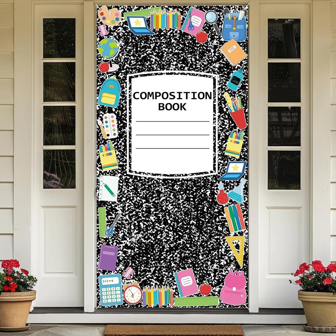 Composition Book for Back to School Classroom Door Decor First Day of School Door Backdrop Motivational Notebook Wall Banner Welcome Porch Background for Elementary Party Decorations Supplies