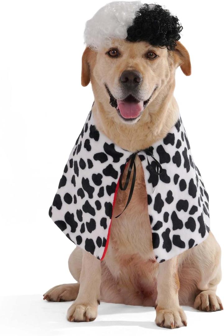 Littledropet Dalmatian Dog Halloween Costume with Black White Wig,Pet Cape Cloak Party Dress Up Outfit Funny Clothes for Small Medium Large Dogs (Black, Large(for Large Dog))