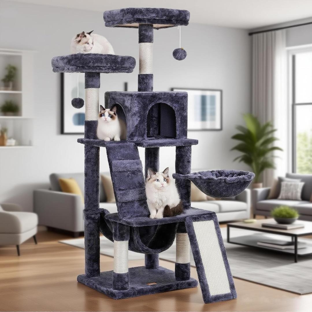 Heybly Cat Tree, Cat Tower for Indoor Cats, Multi-Level Cat Furniture Condo for Cats with Padded Plush Perch, Cozy Basket and Scratching Board, Smoky Gray HCT014G (56 inch)
