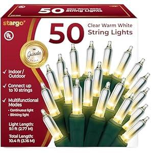 Clear Warm White Christmas Lights - 9 ft String of 50 Incandescent Mini Bulbs Multifunctional Lighting Modes, for Decorative, Bedroom, Outdoor, Xmas Twinkle Tree Lights with White Wire Total 10.4 ft