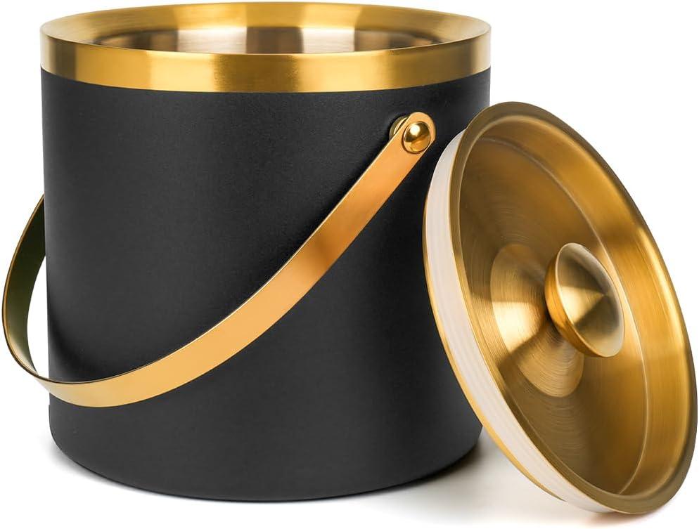 3L Double Wall Insulated Stainless Steel Ice Bucket with scoop for Cocktail Bar,Metal Ice Bucket for freezer with Lid for parties.ice Container to Keep Ice Colder,bar cart accessories(black) (3.0 Liters)