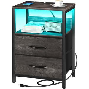 Yoobure Nightstand with Charging Station, LED Night Stand with Fabric Drawers and Storage Shelf for Bedroom, Nightstands Bedside Tables with USB Ports & Outlets, Small Night Stands, Bed Side Table (Charcoal Gray)