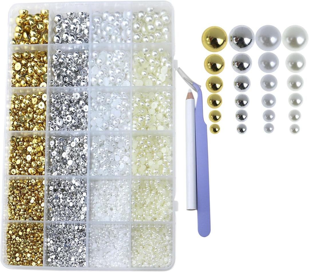 Pearls for Crafting Nail Charms Flat Back Nail Pearl 6 Size Half Round Beads for Embellishment Face Shoes Dress Small Accessories for DIY Jewelry Phone Making Gold Silver White Beige Bulk