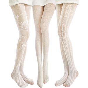 JaGely 1/2/3 Pair White Lace Tights for Women White Fishnet Hollow out Knitted Tights Lolita Stockings Lace Strips Pantyhose (One Size, Retro Style)