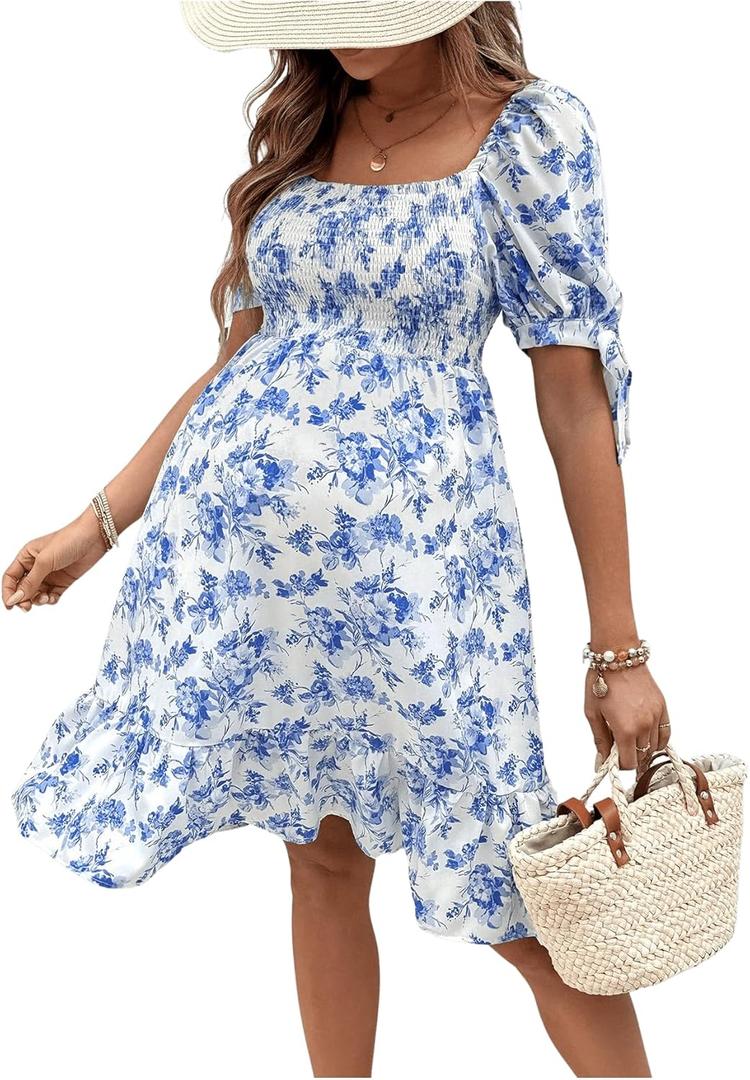 MakeMeChic Women's Maternity Dress Summer Beach Sundress Floral Puff Sleeve Baby Shower Dress (L)