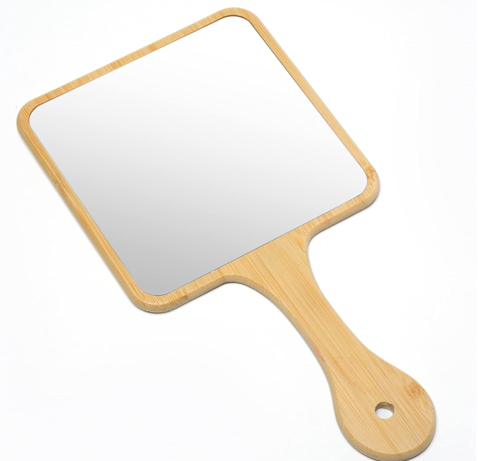 Handheld Mirror,Natural Bamboo Hand Mirror with Handle,Cute Hand held Mirror for Shaving Single-Sided Portable Travel Vanity Mirror for Men & Women