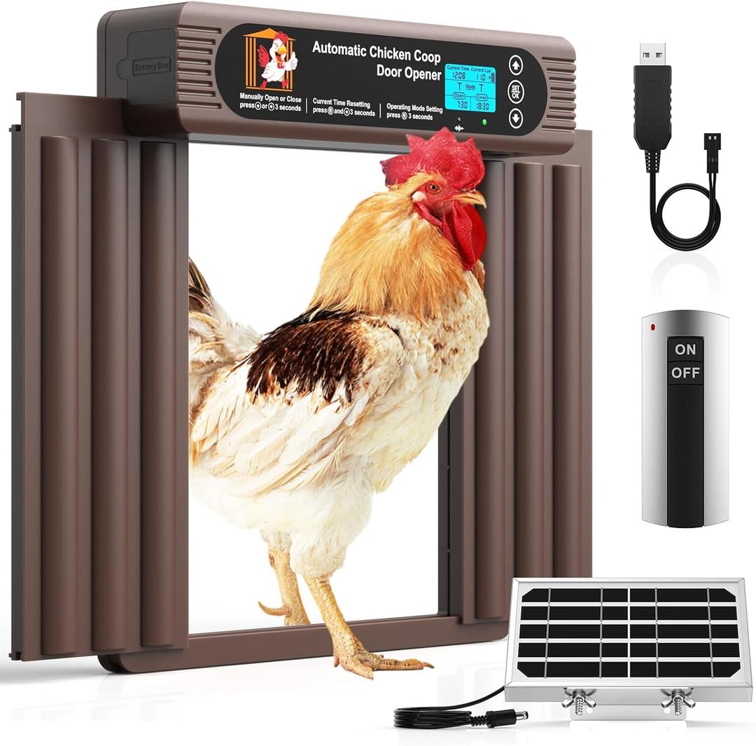 Automatic Chicken Coop Door Solar Powered, Extra Large Size, Anti-Pinch Design, Battery Powered Auto Chicken Door with Timer & Light Sensor, Solar Chicken Coop Door with Remote Control (50-100M) (13.8"L x 16.8"H, Brown)