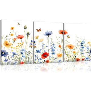 WARTHZ Colorful Flower Wall Art Set of 3 Neutral Floral Poster Prints Minimalist Rustic Watercolors Botanical Canvas Wall Decor Artwork Pictures for Bedroom Living Room 12x16 inch Framed