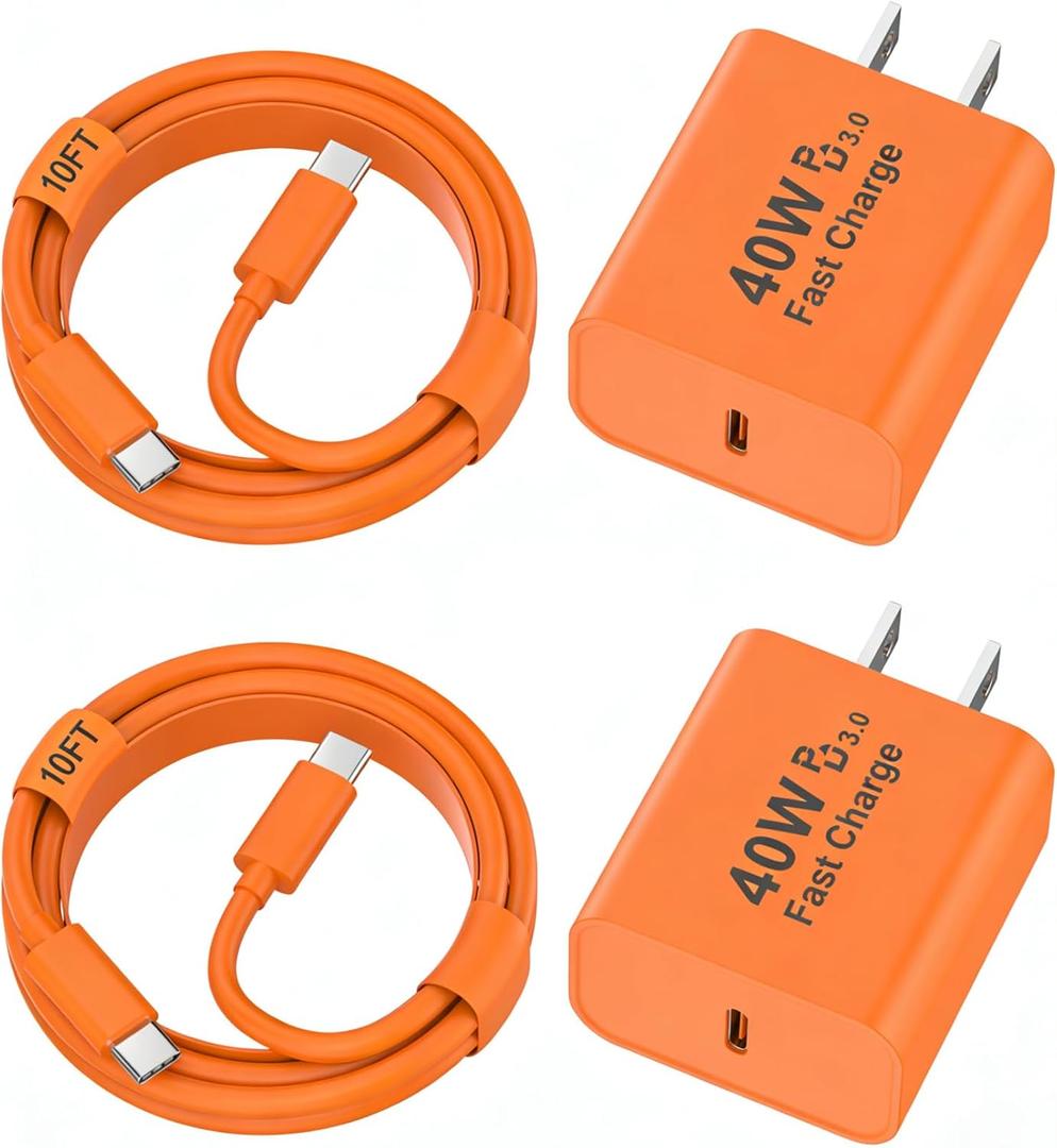 iPhone 17 Pro Max Charger Fast Charging, 2 Pack 40W USB C iPhone 17 Fast Charger Block with 10FT Long Type C to C Charging Cable for iPhone 17/17 Pro Max/17 Pro/Air/16/16 Pro Max/15/15 Pro Max, Orange