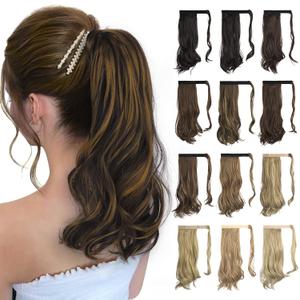 SOFEIYAN Curly Ponytail Extension 15 Inch Heat Resistant Synthetic Natural Wavy Hairpiece Wrap Around Pony Tail Hair Extensions for White Black Women Hair Piece, Dark Brown Highlighted Cameral Blonde