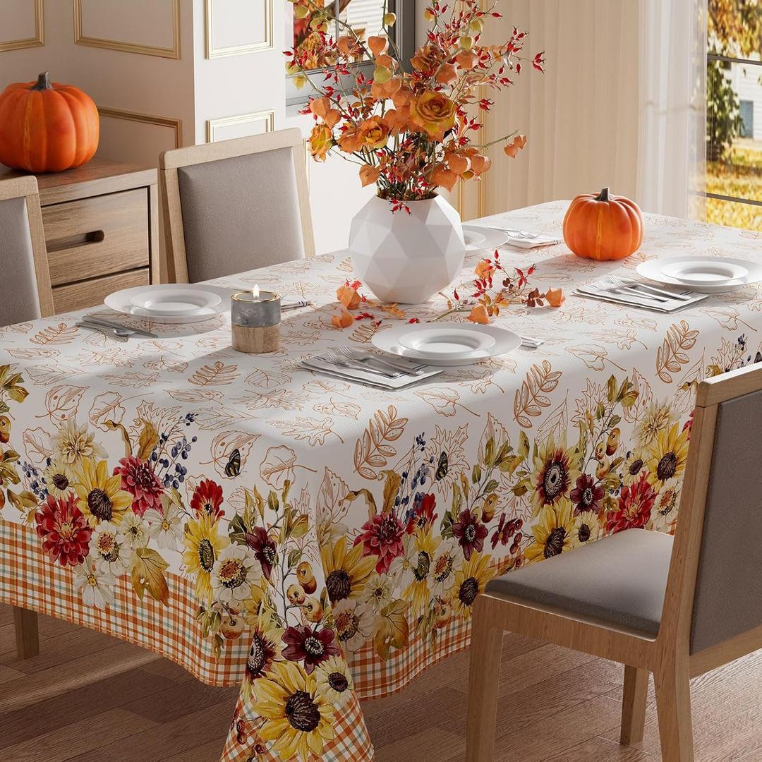XCHI Fall Wlid Flowers Maple Leaves Plaid Tablecloth Square Washable Table Covers for Home Party Decorations 60x60 Inch