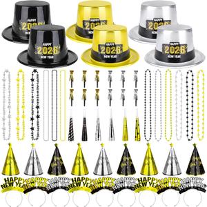 60PCS New Years Eve Party Favors, 24 Guests New Years Party Hats, 2026 New Years Eve Headband, New Year Party Supplies NYE Noise Makers Gold Silver Black Cone Hats Horns New Years Necklace Adults