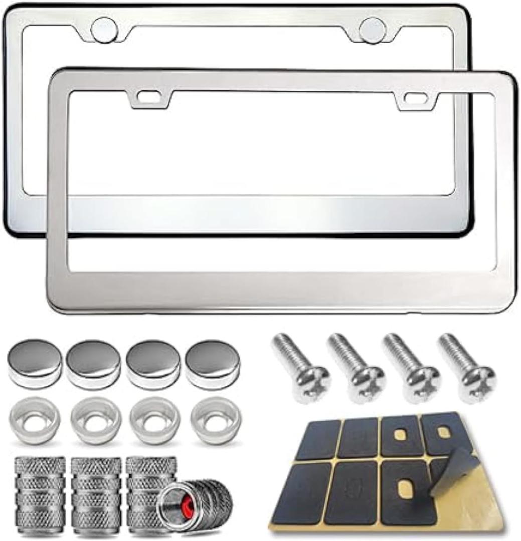 BGGTMO Stainless Steel License Plate Frames- Heavy Duty Metal Car Tag Cover for Front & Rear, 2 Pack Slim Holders with Chrome Screws Caps for Women/Men, Rust/Rattle Proof Pads, Tire Valve Stem Caps