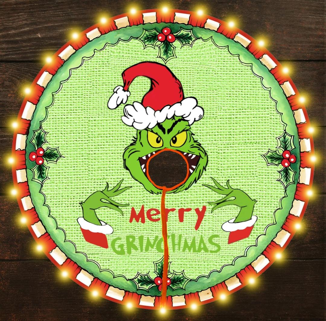 Christmas Tree Skirt with LED Lights, 48 Inch Green Monster Red White Stripes Xmas Tree Collar, Funny Christmas Tree Mat for Holiday Party Indoor Outdoor Christmas Tree Decoration