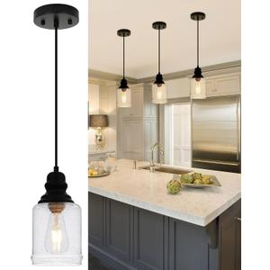 WILON Modern Glass Pendant Lights for Kitchen Island, 6.29" Mini Pandent Light Fixture with Seeded Glass Shade Black Farmhouse Pendant Lights E26 Base Hanging Kitchen Lights for Sink Dinging Room (1-Light-Big)