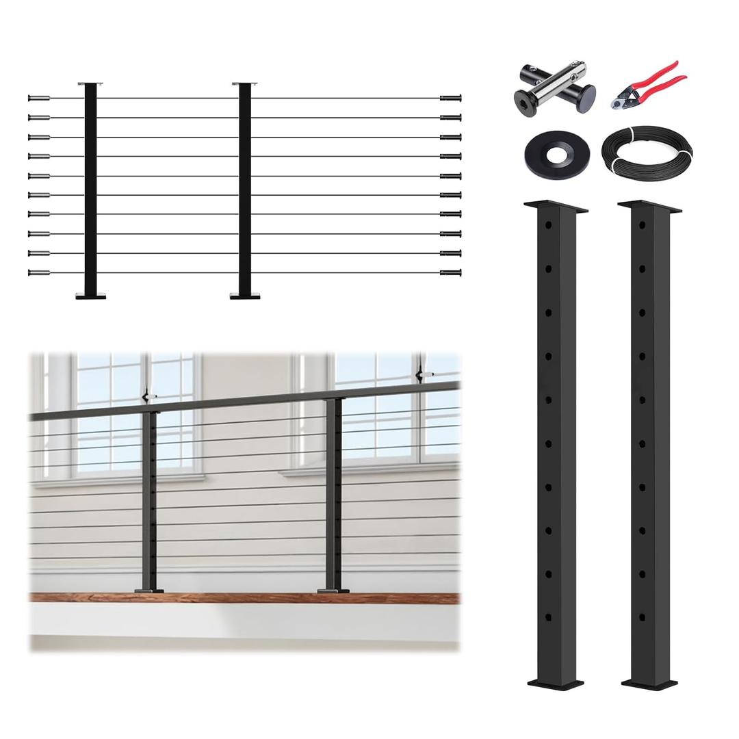 5-10ft Black Modular Cable Railing Kit for Deck Surface Mount 36inch HU01 | 2 Level Post Kit with Wire Rope & Cable Railing Hardware, No Handrail, Black Cable Railing System, Length Adjustable