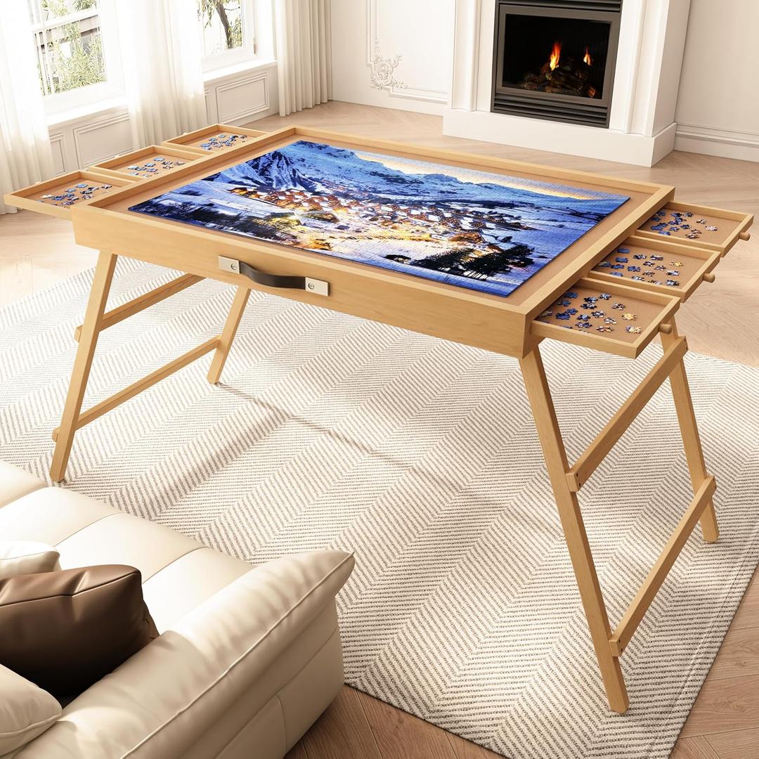 27.7" H Tall Puzzle Table with 6 Drawers, 1500 Pieces Jigsaw Puzzle Board with Folding Legs & Protective Cover - 34" x 26" Portable Table for Adults