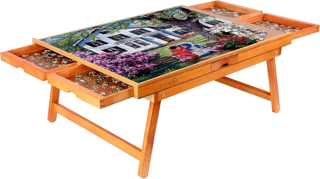 SereneLife Wooden Jigsaw Puzzle Table with 6 Removable Sliding Storage Drawers and Foldable Legs, Smooth Plateau Fiberboard Work Surface and Reinforced Hardwood, for Games and Puzzles, Kids&Adults, Stadard