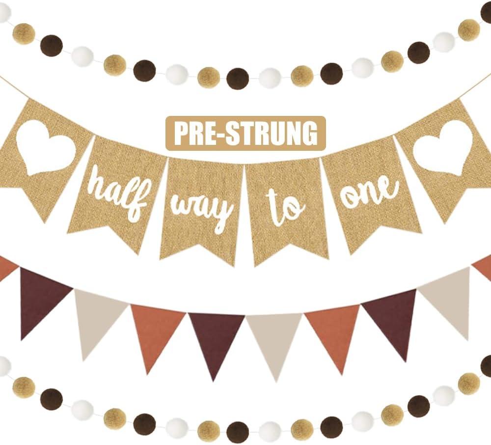 Half Way to One Banners, 4 Pcs 1/2 Birthday Decorations Burlap Pennant and Felt Brown Cream Beige Bunting with Pom Pom Ball Garland 6 Months Photoshoot Props for Neutral Baby Boy Girl Boho Party Favor