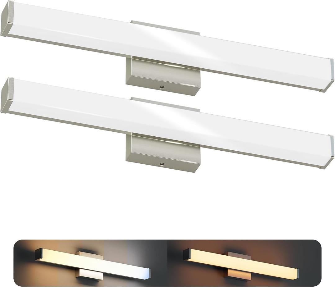 24 Inch Bathroom Vanity Light Fixtures with Night Light: Long Square Wall Mounted LED Lighting Bar over mirror with 5CCT & 2200K Color Changing, 120V, 1230-1350lm, ETL, Brushed Nickel, 2-Pack