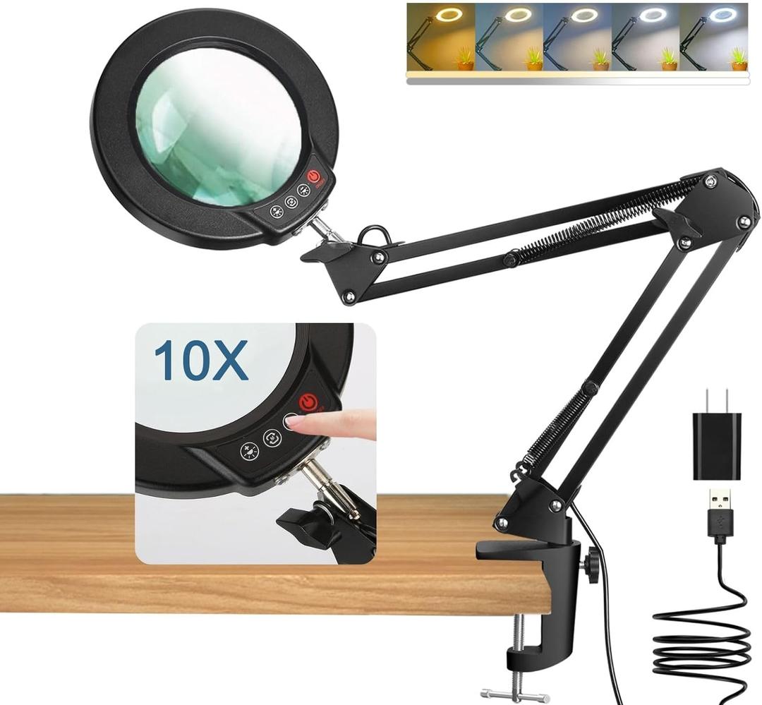 10X Magnifying Glass with Light and Clamp, Real Glass Stand Lighted Magnifier, 5 Color Modes Stepless Dimmable LED Desk Lamp Hands Free for Crafts Hobby Reading Painting Sewing Close Work (Black)