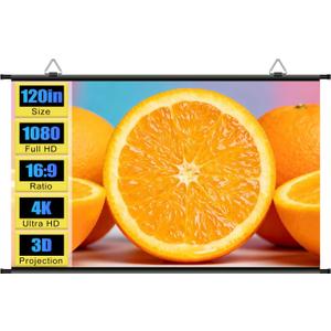 120 inch Projector Screen, XIAOHUI Portable Movie Projector Screen for Outdoor Indoor with 3 pcs Adhesive Hook, 4K Hanging ALR Projection Screen for Room Wall, No Drilling, Anti-Glare Coating, 16:9 HD