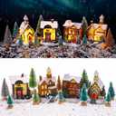 Tuanse 15 Pcs Christmas Village Accessories Set 4 LED Lighted Village Houses 10 Frosted Trees 3.5 oz Fake Snow for Christmas Collection Tabletop Mantel Shelf Indoor Room Decor(Rustic)