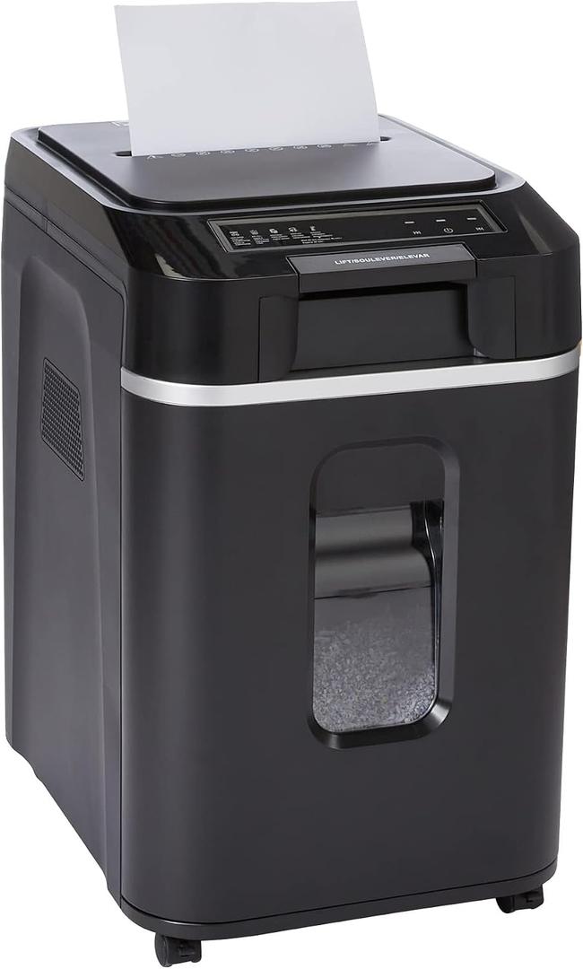 Amazon Basics 200-Sheet Auto Feed Cross-Cut Paper Shredder, High Security P-4, Anti-Jam, 8.5 Gallon Pullout Bin, Black