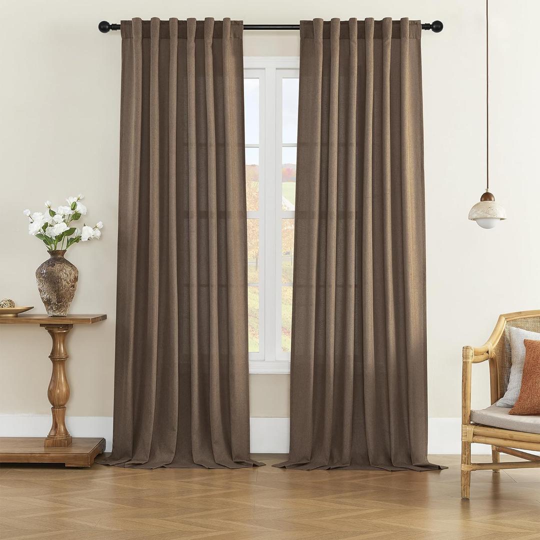 Natural Linen Blended Curtains - Back Tab Window Treatments Panels Drapes for Living Room/Bedroom, Light Filtering Semi Sheer (Set of 2, 50" x 96", Brown)