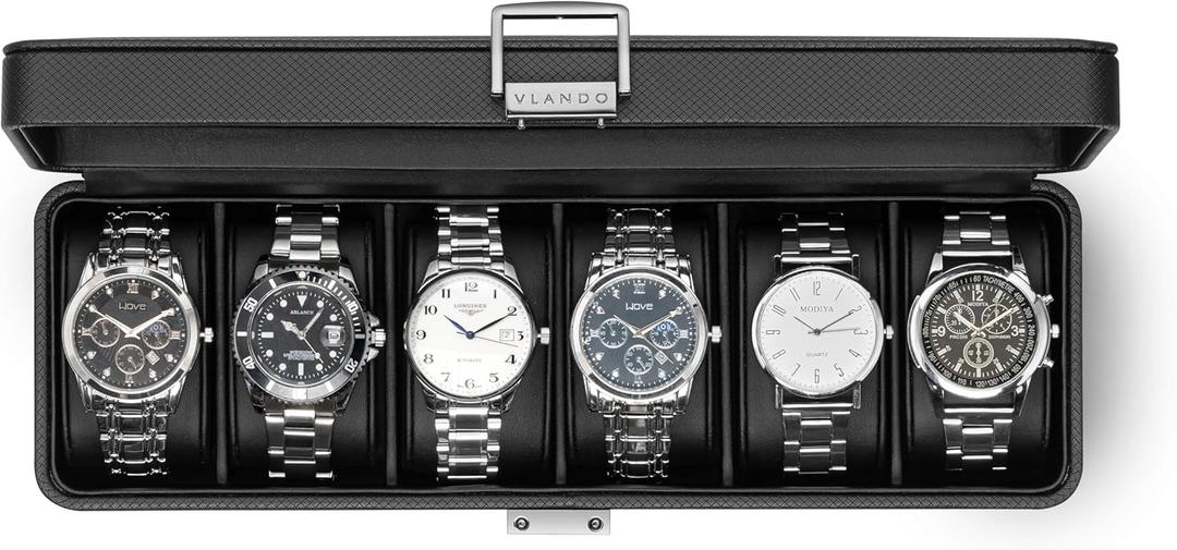 Vlando 6-Slot Watch Case for Men, Watch Box with Glass Lid, Lockable Watch Holder, Business Textured Leather Organizer Display Case, Soft Pillow, Gifts for Fathers, Dad, Husband, Valentines - Black