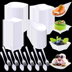 Tessco for you 400 Pcs Mini Appetizer Plates Set Including 200 Disposable Dessert Plates Assorted Shape 100 Mini Plastic Forks 100 Plastic Spoons for Party (Classic Style, White)
