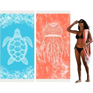 Widdonen Thin Turkish Beach Towel Lightweight Quick Dry Absorbent Cotton Bathroom Bath Pool Swim Towels Extra Large Oversized Sand Free Beach Accessories Essentials Cloud Gifts for Adult (X-Large(79 x 36 Inches,200 x 90 Cm), 2 Pack Blue Turtle Orange Medusa)