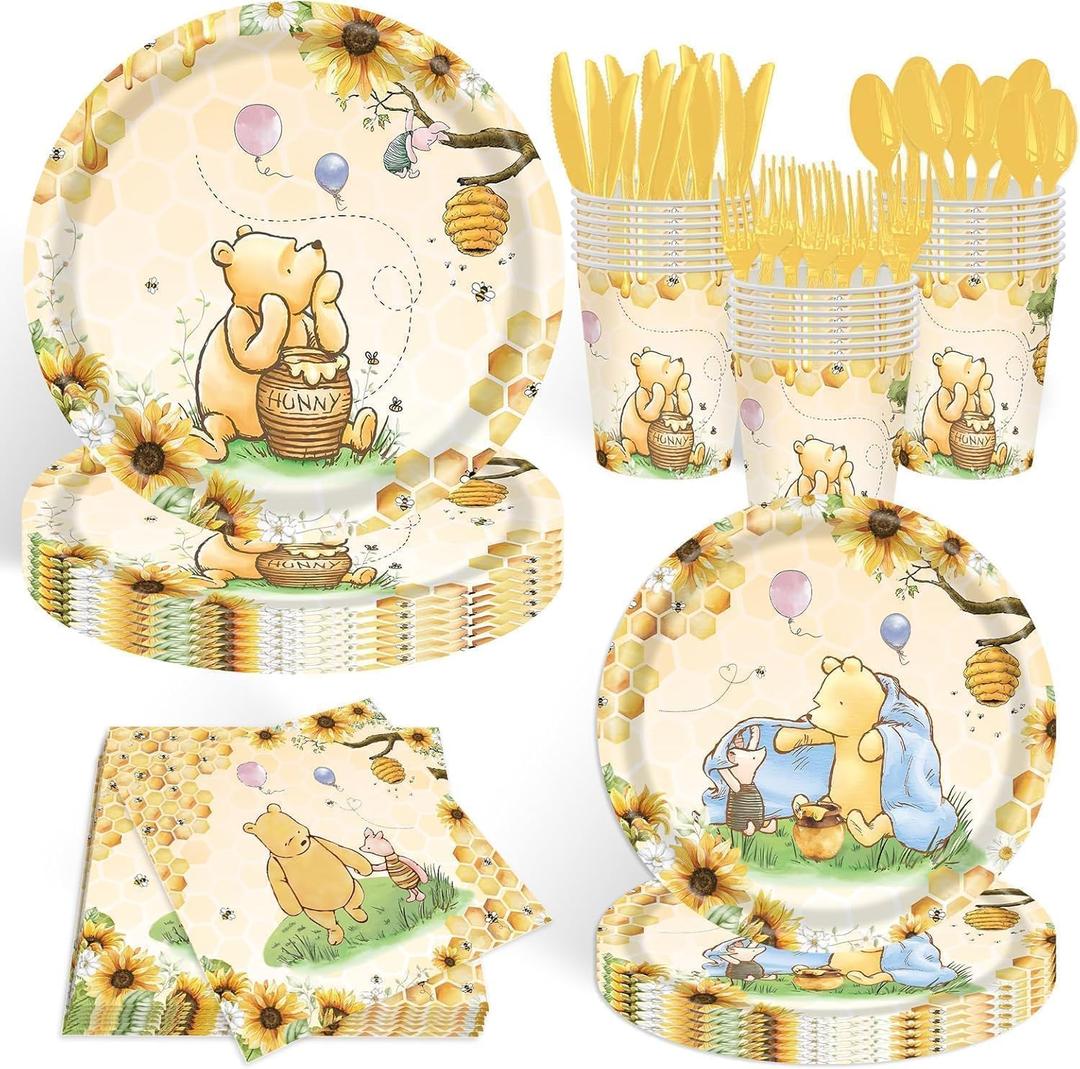 140pcs Classic Bear Baby Shower Decorations Baby Shower Party Tableware with Plates, Napkin, Forks, Cups for Birthday Party Supplies Set Serves 20 Guests (Yellow)