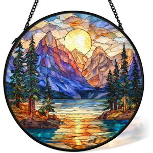 Mountain Forest Sunrise Suncatcher Stained Glass Window Hanging Decor, Camping Nature Landscape Stained Glass Wall Decor, Mountain Garden Sun Catchers Indoor Window Hanging Wall Art, 7.9x7.9In