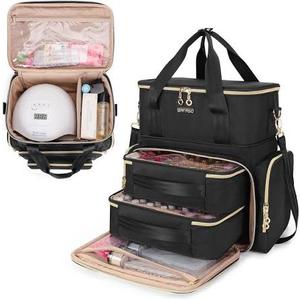BAFASO 2 Layers Large Travel Makeup Bag with 3 Inner Removable Pouches with Nail Polish Organizer Holds 70 Bottles (15ml - 0.5 fl.oz) and a Nail Lamp