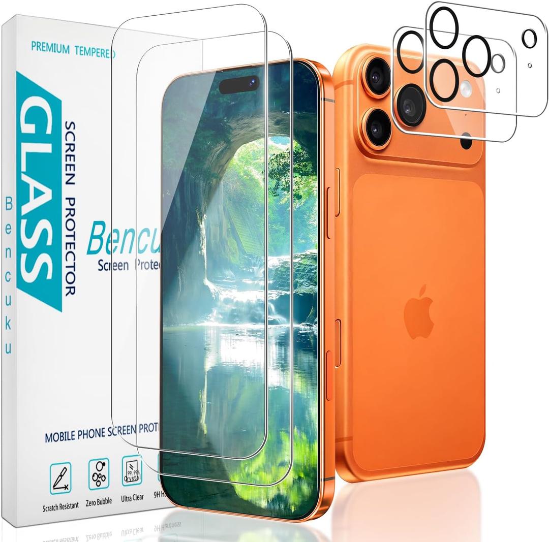 2 Pack Screen Protector for iPhone 17 Pro 6.3 Inch with 2 Pack Camera Lens Protector, 9H Tempered Glass, Anti Scratch, Bubble Free (Clear)