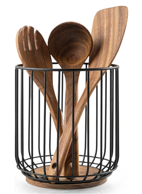 Kitchen Utensil Holder, Large Wire Utensil Holder for Kitchen Counter (W6.2” x H7.5”) with Acacia Base
