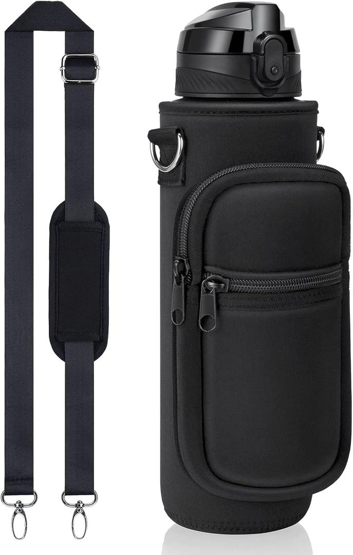 Fimibuke 32 oz Water Bottle with Sleeve - BPA Free Leakproof Sport Large 1L Plastic Motivational Water Bottle with Straw Strap & Insulated Neoprene Holder Carrier Bag Great Xmas Gift for Women Men (A1.Black)