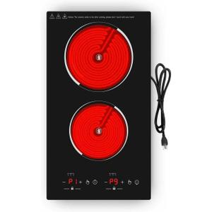 VBGK Electric Cooktop,12 Inch Built-in Radiant Electric Stove Top,110V 2100W 2 burner cooktop With 9 Heating Level, Timer & Kid Safety Lock, Sensor Touch Control 2 burner Induction Cooktop