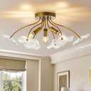 Luvkczc Semi Flush Mount Ceiling Light, Modern Gold Ceiling Light Fixture, Vintage Brass Lighting for Kitchen Entryway Hallway Bathroom Bedroom Foyer, 3 Light E12 Socket