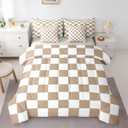 Feelyou Checkered King Comforter Set with Sheets for Kids Boys Girls Brown Plaid 7 Pieces Bedding Set Vintage Checkerboard Geometric Bed in a Bag Reversible Grey Room Decor Soft