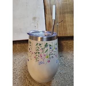 MANNA 17oz Metal Wine Tumbler With Lid And Straw Gray Floral