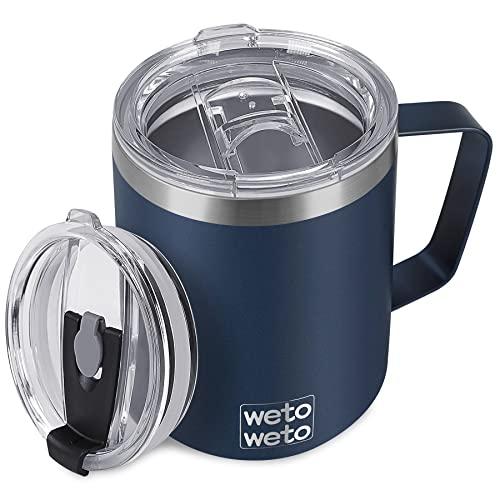 WETOWETO 14 oz Coffee Mug, Vacuum Insulated Camping Mug with Lid, Double Wall Stainless Steel Travel Tumbler Cup, Thermal Coffee Mug, Powder Coated Navy Blue Pack Of 2