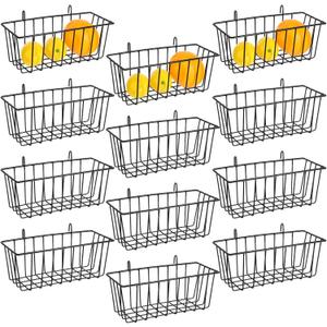 12 Pcs Wire Baskets, Wall Grid Panel Hanging Baskets for Storage and Display in Kitchen Bathroom Home Decor Supplies, No Drilling, Black